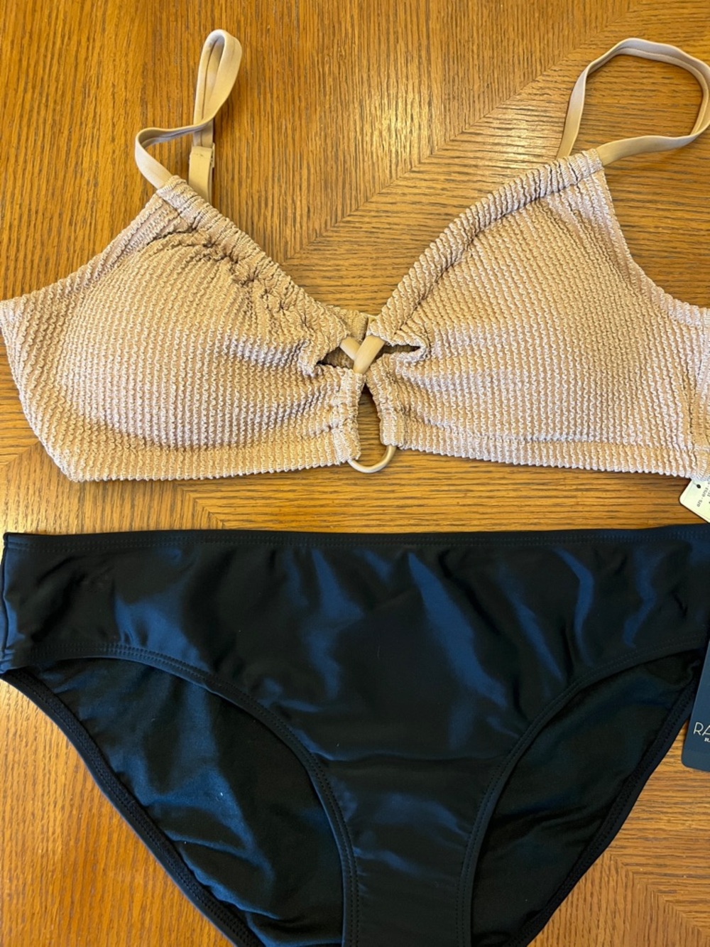 Aerie Beige shimmer look Textured Triangle Bikini Top Black Classic Bottom B16